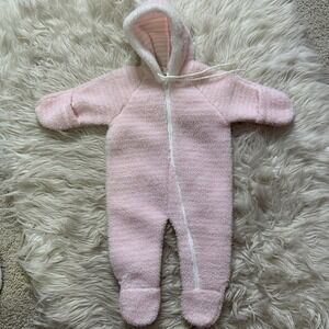 Infant baby body suit hooded catsuit pink 0-3 mos fuzzy soft 3496